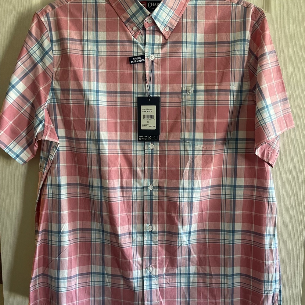 Chaps Men's Pink and Blue Plaid Short-Sleeve Button-Down Shirt